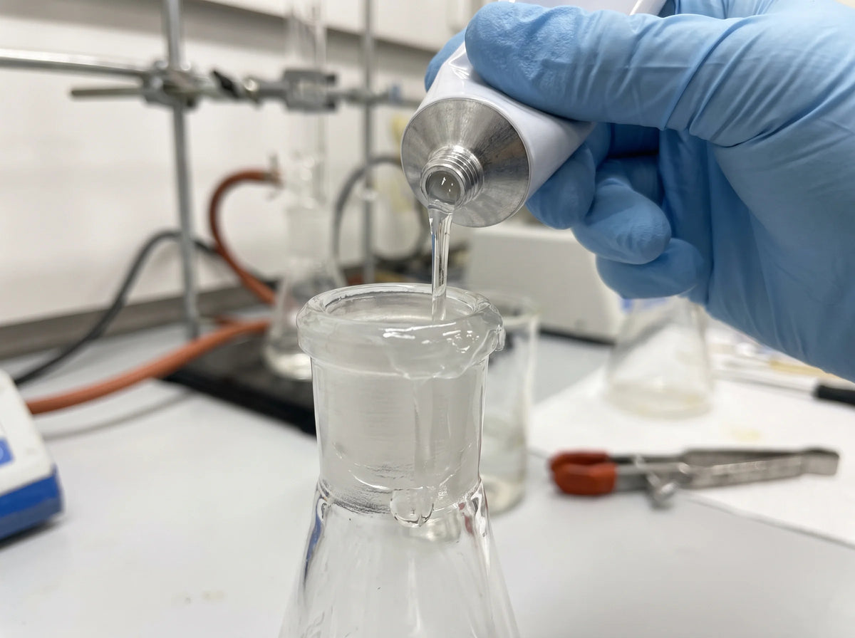 A gloved hand applying vacuum grease from a tube to a ground-glass joint on apparatus