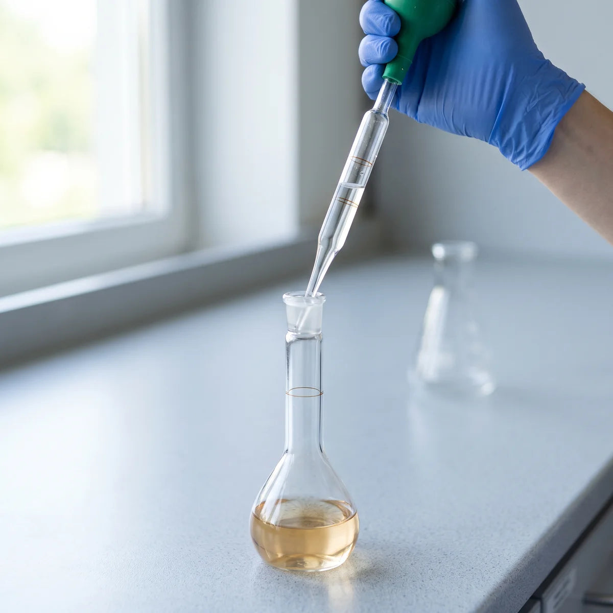 Pipetting a measured volume of stock solution into a volumetric flask for an accurate dilution