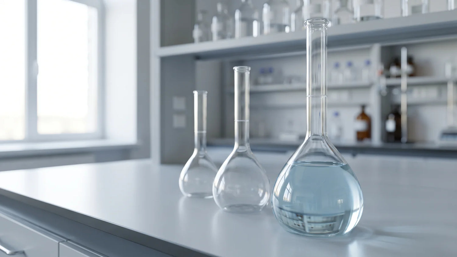 Three clear borosilicate volumetric flasks on a laboratory bench, the nearest filled to its calibration mark