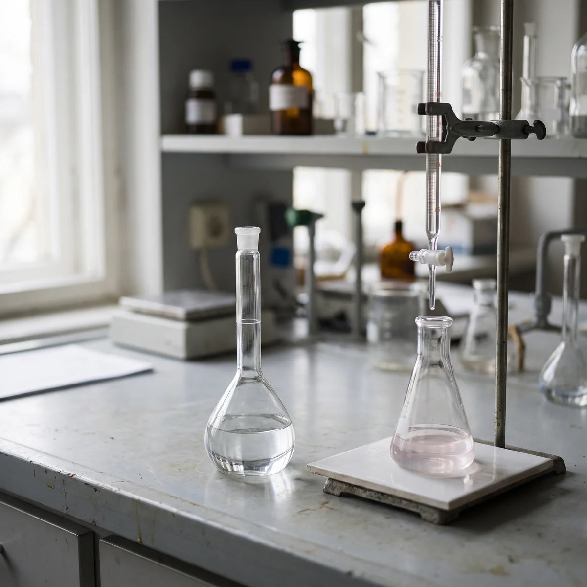 A volumetric flask of standard solution beside a burette and conical flask set up for titration