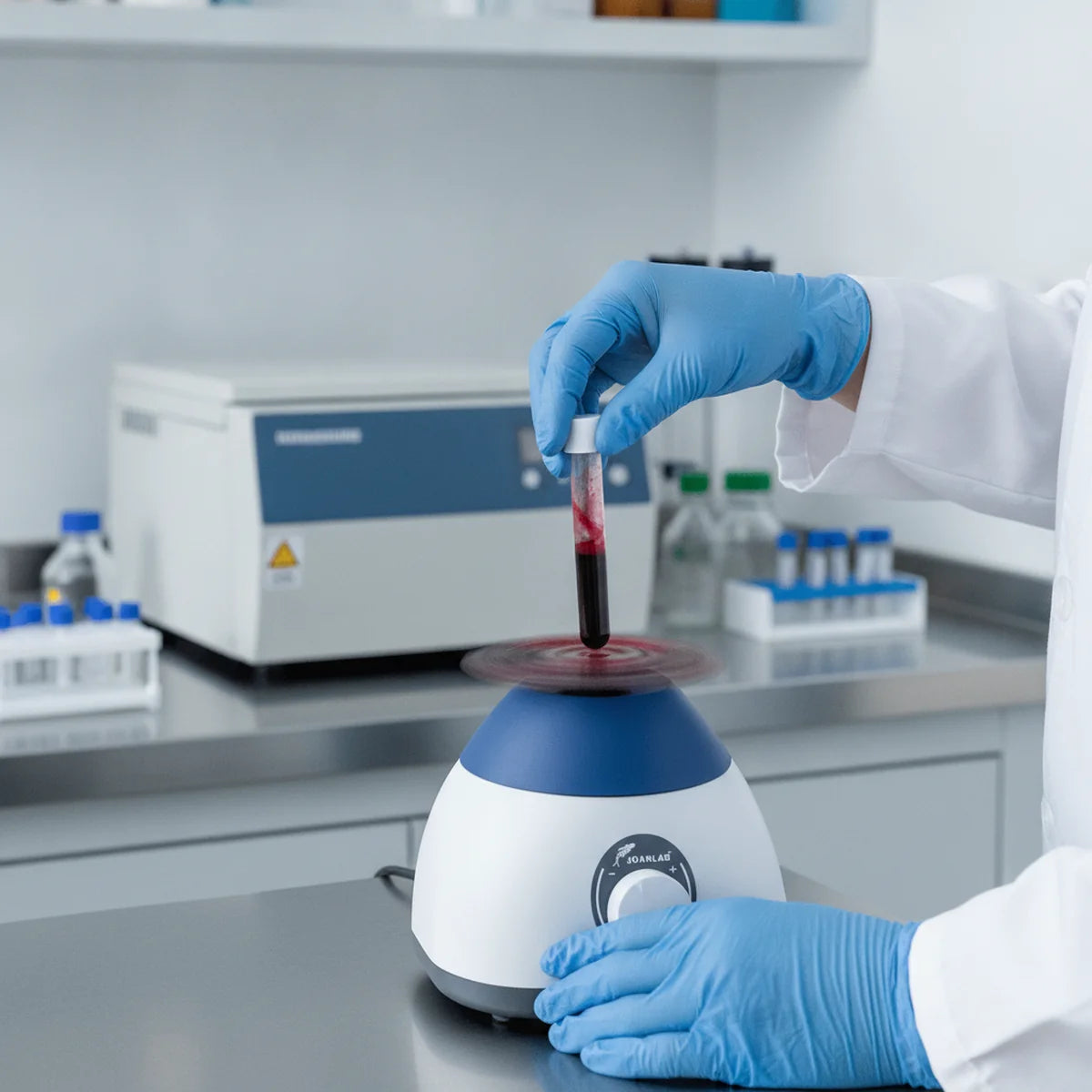 Vortexing a blood sample tube before centrifugation in a clinical lab