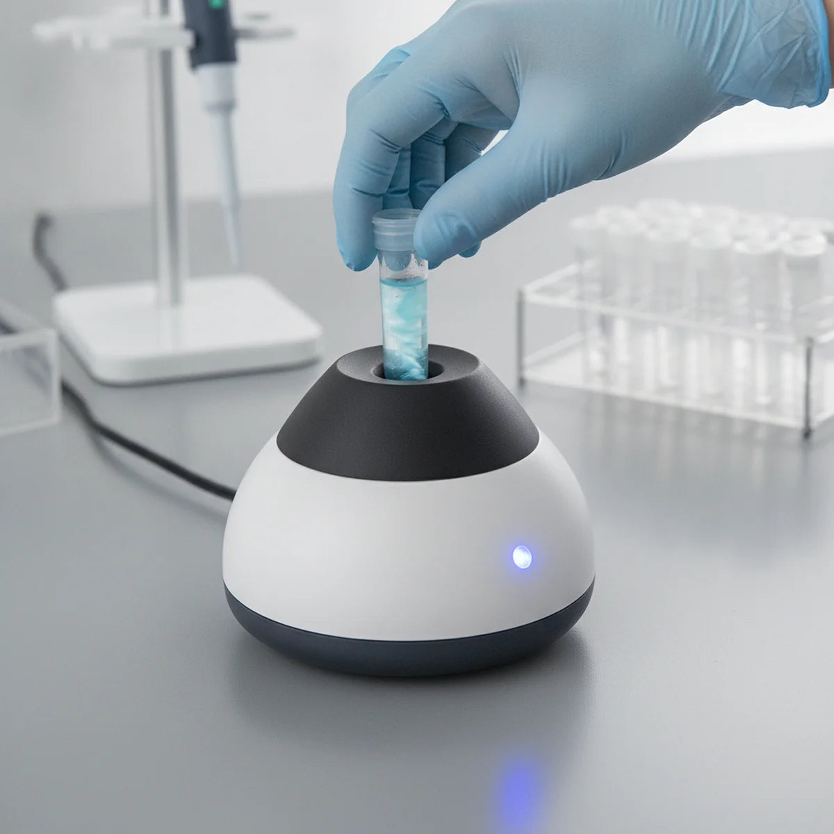Vortex mixer running in continuous mode with indicator light