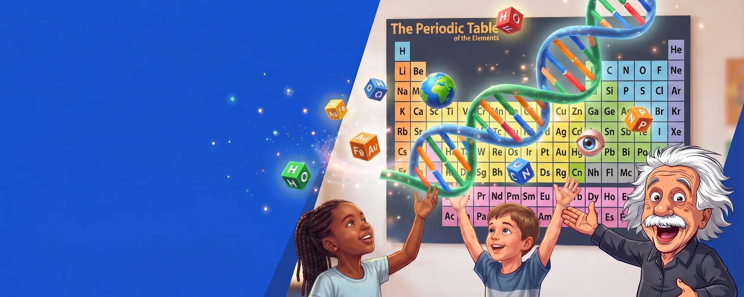 Educational wall charts coming to life with children and cartoon Einstein