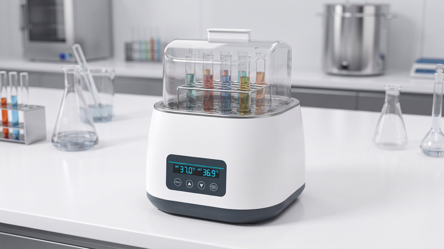 Test tubes warming in a digital laboratory water bath