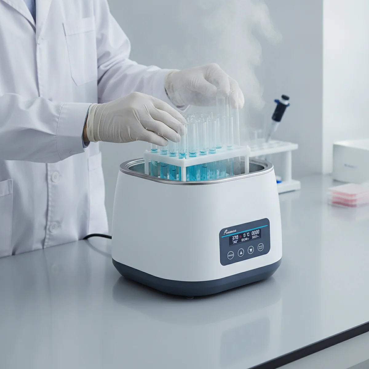 Placing a test tube rack into a warm digital water bath
