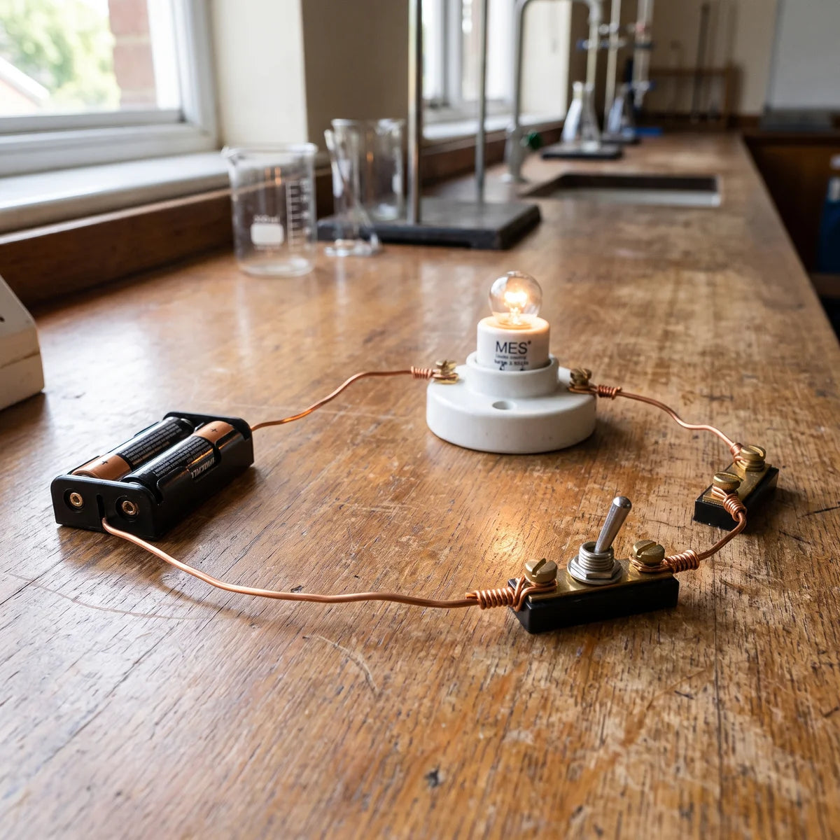 Bare copper wire connecting a simple circuit with a battery holder, switch and lit bulb