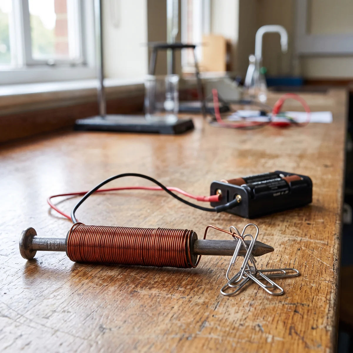 Enamelled copper wire wound on an iron nail forming an electromagnet holding paper clips