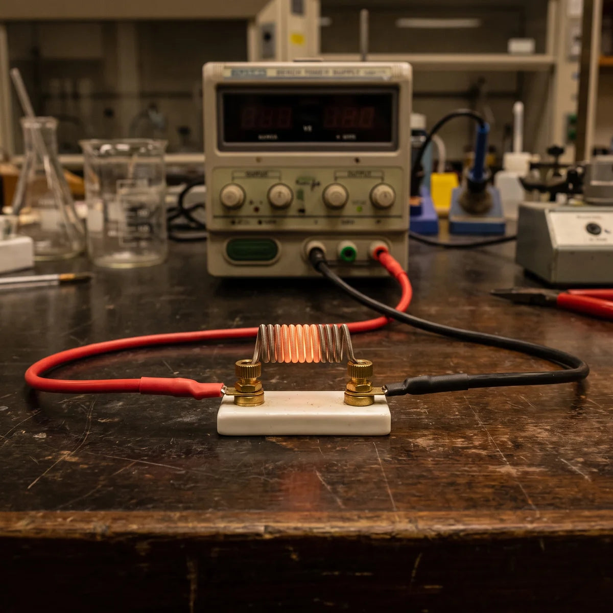 Nichrome wire coil glowing on a ceramic base, connected to a bench power supply