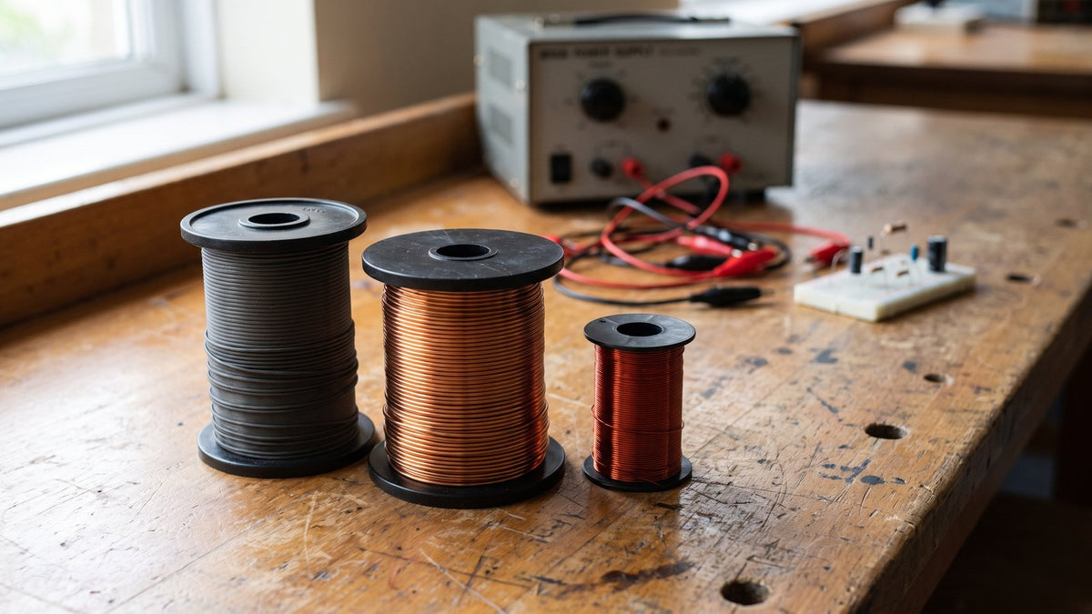 Reels of copper, nichrome and enamelled copper wire on a school physics bench