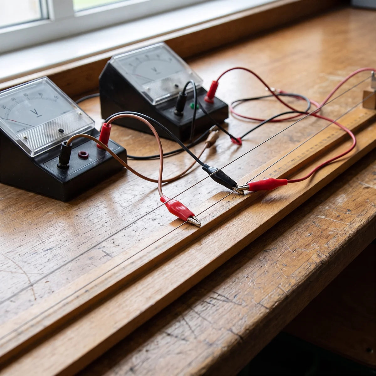 Constantan resistance wire on a metre rule with crocodile clips, ammeter and voltmeter