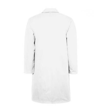Jonsson lab coat side view, extra-length white dust coat for science teachers and learners