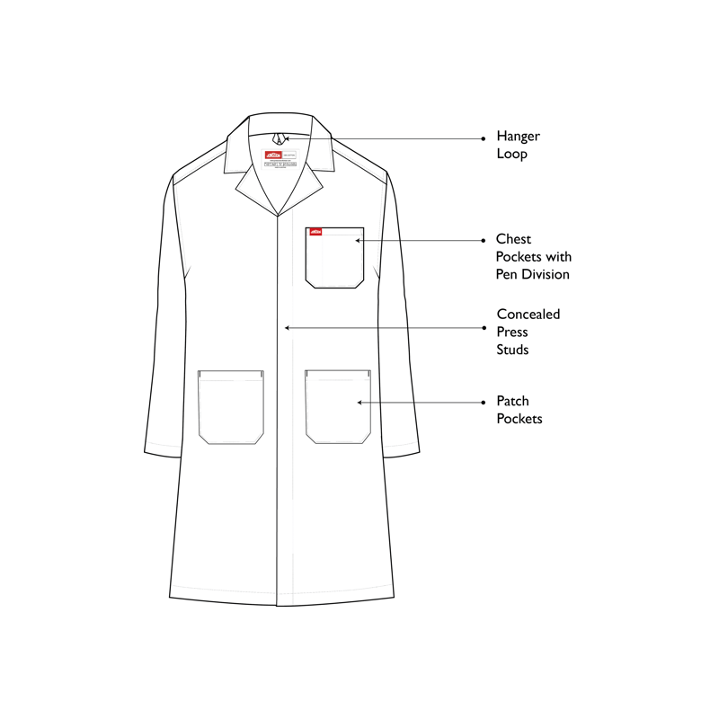 Jonsson lab coat label and sizing, Small to 3XL sizes available from SmartLabs