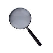 Magnifying glass with metal frame and bakelite handle for viewing small text, laboratory work, and detail inspection.
