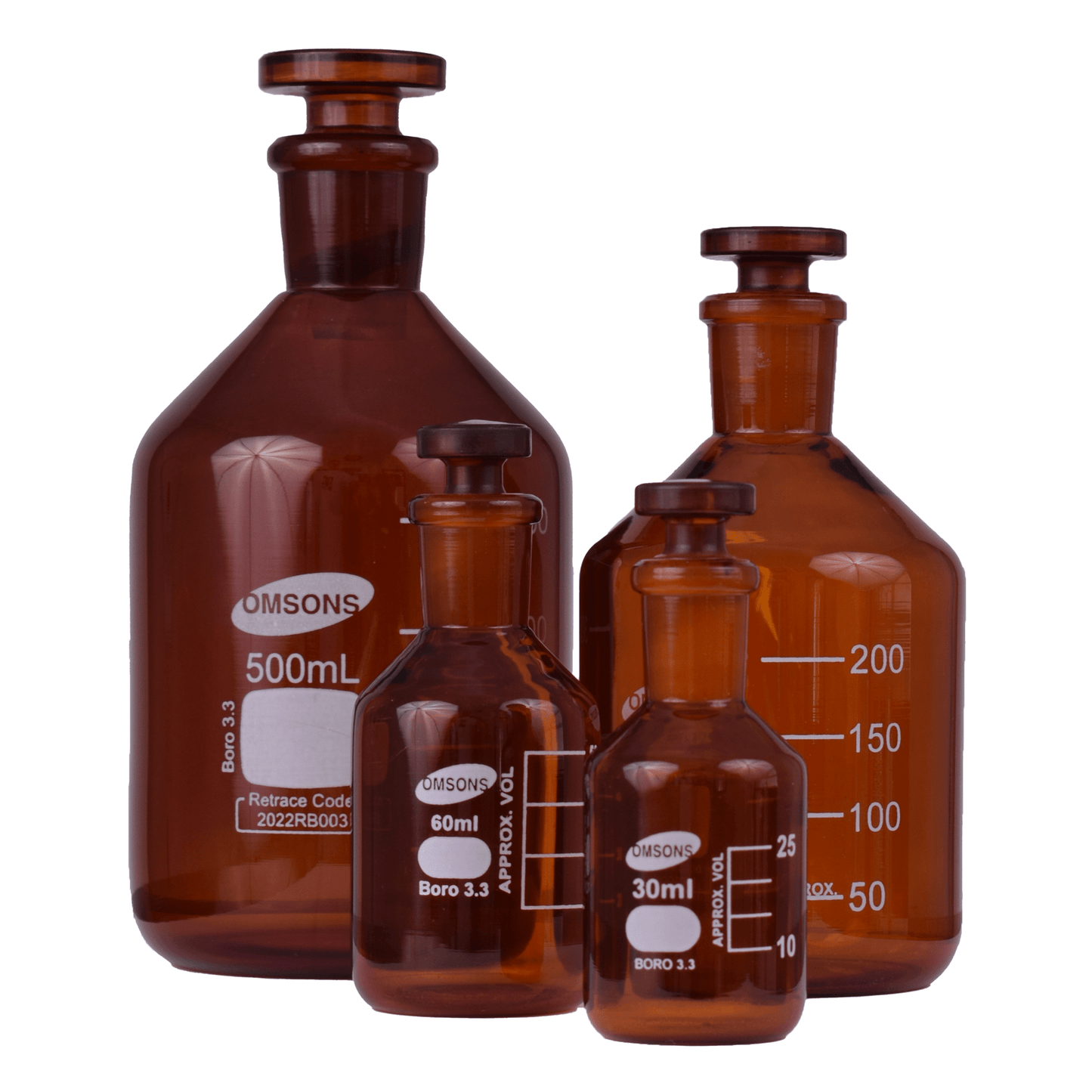 Reagent Bottle - Amber Glass, Glass Stopper - Graduated